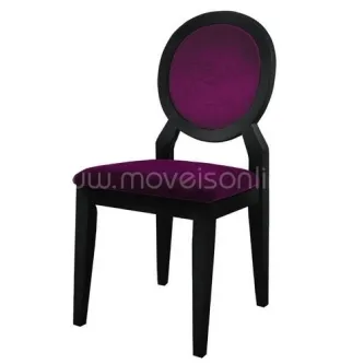 Cadeira Braga com estrutura preta e estofos roxo escuro, encosto redondo