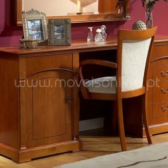 Secretaria Anna em madeira com gavetas, cadeira estofada e espelho.