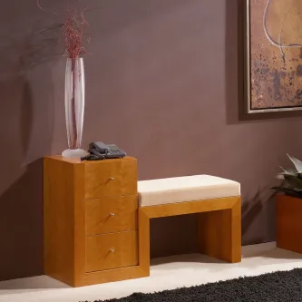 Banco para telefone em madeira com gavetas e assento estofado creme