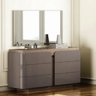 Cómoda com espelho Kera lacada cinzenta com seis gavetas e tampo de mármore