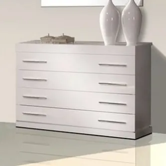 Comoda kuatro branca lacada com quatro gavetas e puxadores horizontais e vasos no topo