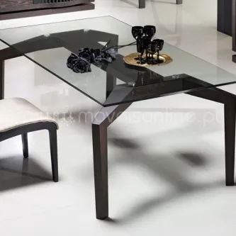 Mesa de jantar Piano com tampo de vidro retangular, base escura e decoração preta