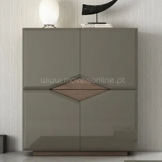 Móvel bar Diam cinzento brilhante com detalhe diamante em madeira e quatro portas