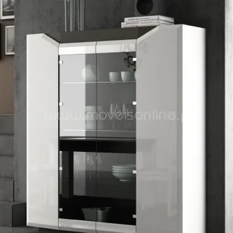 Vitrine Diam branca lacada com portas de vidro e prateleiras com loiça