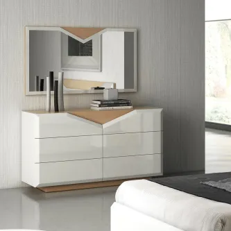 Cómoda Diam branca moderna com seis gavetas e espelho, detalhes em madeira