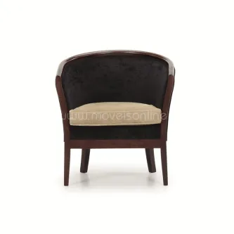 Cadeirão Venus em madeira escura com encosto preto almofadado e assento bege