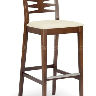 Banco bar Renny em madeira escura com assento estofado claro