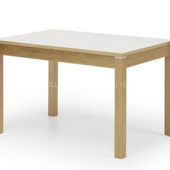 Mesa de jantar Alvito com tampo branco e pernas em madeira.