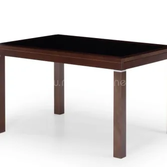 Mesa de jantar Colombo com tampo de vidro preto e pés em madeira castanha