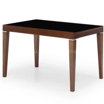 Mesa de jantar Nelma com tampo de vidro preto e estrutura em madeira castanha