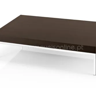 Mesa Vega com tampo castanho escuro e pés metálicos brancos