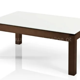 Mesa Horos retangular com tampo branco e pés e armação em madeira castanha