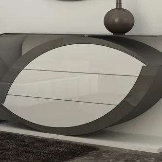 Cómoda Olhares cinzenta com detalhe oval espelhado e candeeiro no topo