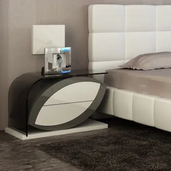 Mesa de cabeceira Olhares moderna cinzento e branco com tampo de vidro e moldura