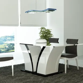 Mesa de jantar Saturno com tampo de vidro e base curva branca