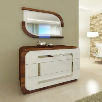 Cómoda Futuro branca e castanha com gavetas curvas e espelho oval