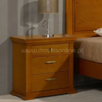 Mesa de cabeceira Douro em madeira com duas gavetas e candeeiro prateado