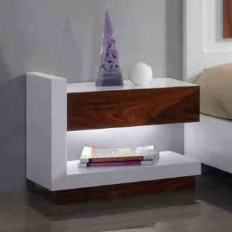 Mesa de cabeceira Veneza branca e nogueira com gaveta e prateleira iluminada