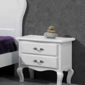 Mesa de cabeceira deco branca com duas gavetas e puxadores ornamentais