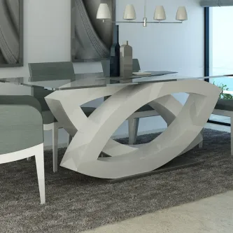 Mesa de jantar Olhares com tampo de vidro e base escultórica entrelaçada