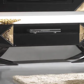 Móvel TV Classic preto lacado com cantos dourados e prateleira central