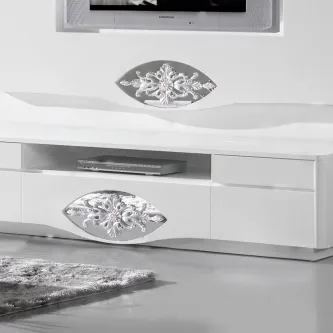 Móvel TV Classic branco com gaveta e aplicações florais prateadas