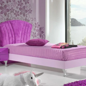 Cama Zikzak 12 rosa com cabeceira acolchoada, almofada e peluche unicórnio