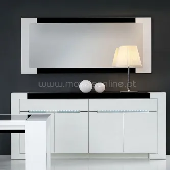 Aparador Plenitude com espelho e LED, branco com tampo preto e candeeiro