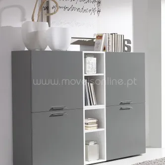 Móvel bar Audace 3 cinzento com prateleiras brancas e quatro portas