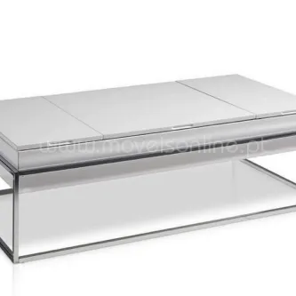 Mesa de centro elevatória branca retangular com estrutura metálica e prateleira inferior espelhada