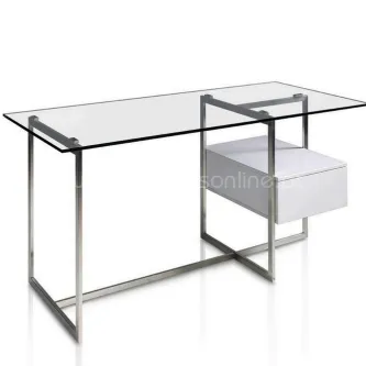 Secretaria Glass com tampo de vidro, estrutura metálica cromada e gaveta branca suspensa