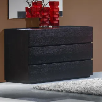 Cómoda Simplex preta de três gavetas minimalista sobre chão claro com tapete cinzento