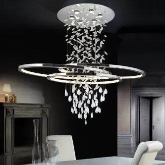 Candeeiro suspenso Bruma com anéis LED circulares e gotas de cristal pendentes