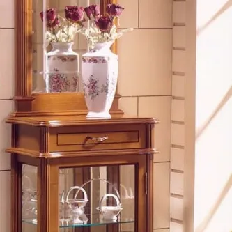 Vitrine coluna 50 em madeira com espelho, gaveta e prateleiras de vidro