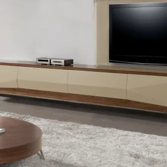 Móvel TV Inox Sintra suspenso, topo em madeira e frentes bege, TV à direita