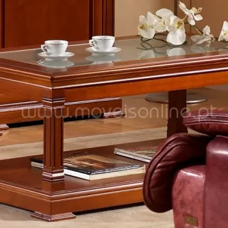 Mesa de centro Havai em madeira com tampo de vidro e prateleira inferior