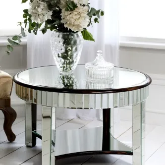 Mesa de centro Riley redonda em espelho com tampo de vidro e vaso de flores
