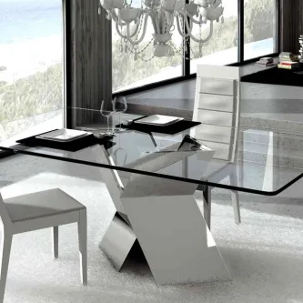 Mesa de jantar Trapeze 1 com tampo de vidro retangular e base metálica escultural