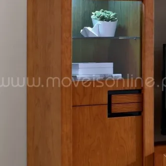 Vitrine em madeira com porta de vidro, prateleira com vaso e caixas brancas