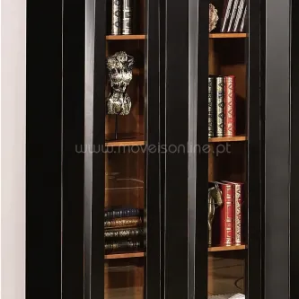 Vitrine Zen em madeira escura com portas de vidro, prateleiras com livros e esculturas