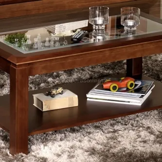 Mesa de centro elevatória Zen 2 em madeira com tampo de vidro e prateleira inferior