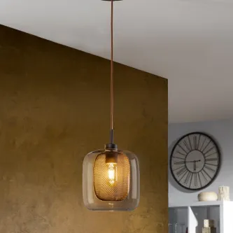 Pingente Fox 1L em vidro fumado com difusor metálico e lâmpada exposta