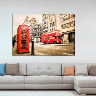 Quadro London com cabine telefónica vermelha e autocarro vermelho em rua de Londres