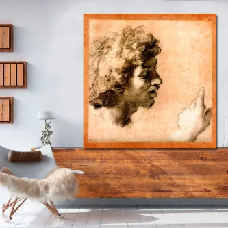 Quadro Raphael com estudo de cabeça masculina em perfil e mão erguida, moldura laranja.