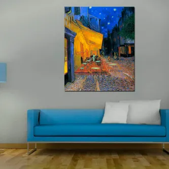 Quadro Terraço do Café com esplanada iluminada à noite, céu estrelado e mesas