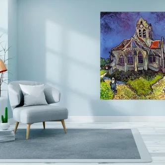 Sala de estar minimalista com quadro Casa em Auvers de igreja colorida na parede