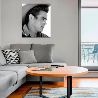 Quadro preto e branco de James Dean sobre sofá numa sala de estar moderna