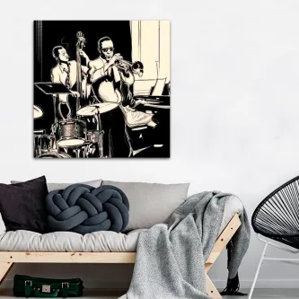 Quadro banda de jazz em preto e branco com trompetista, contrabaixo e bateria.