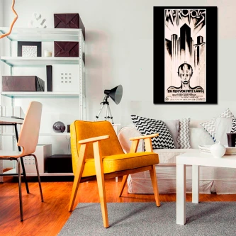 Quadro Metropolis com póster a preto e branco do filme numa sala contemporânea