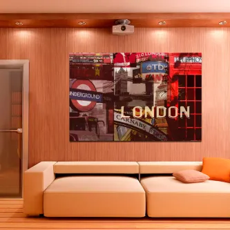 Colagem de ícones de Londres com placa 'London', sinal Underground e cabine telefónica vermelha